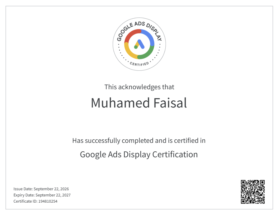 Freelance Digital Marketing Expert in Thrissur ADS Display Certificate