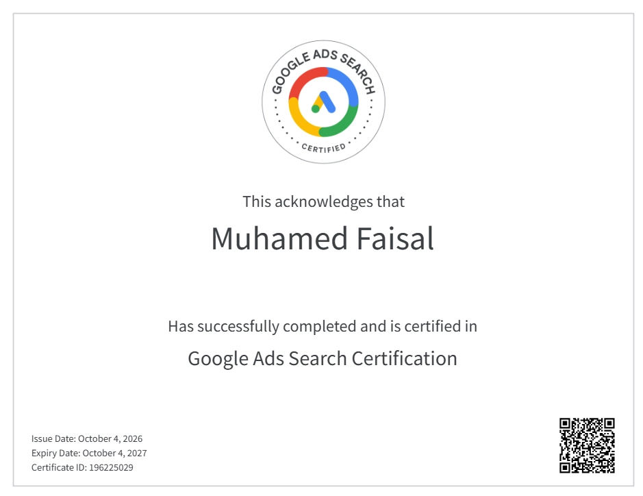 Freelance Digital Marketing Expert in Thrissur ADS Search Certificate